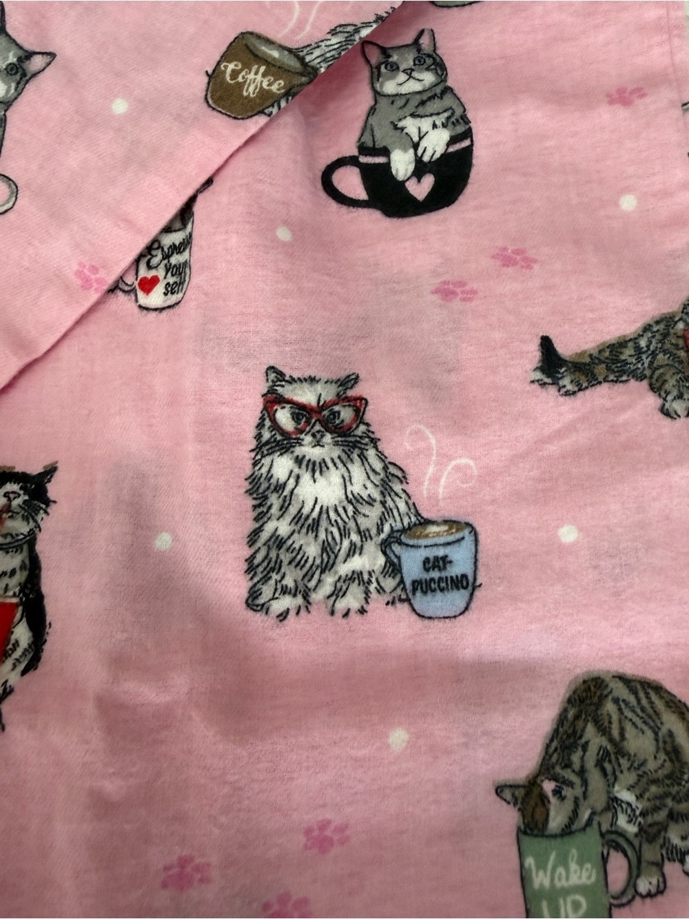 PJ Salvage Lightweight Flannel Pajama Set Cats Coffee Pink Womens M Button front - Picture 10 of 10